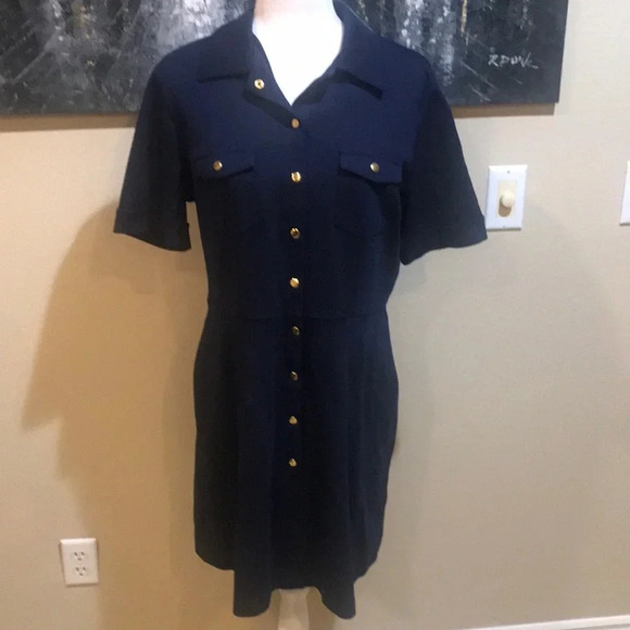 New York & Company Dresses & Skirts - New York & Company Navy Gold Button Front collared Breast Pockets Dress-Size L
